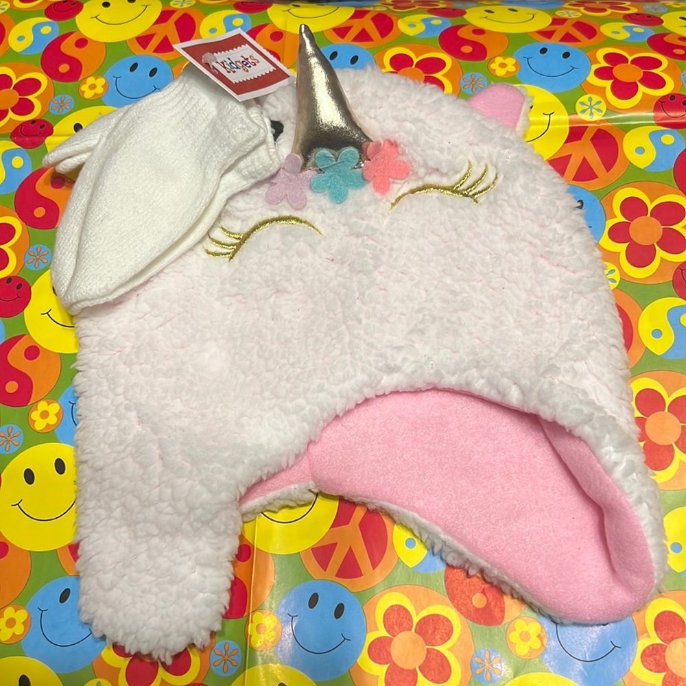 New Kidgets Toddler Girl's 2 Pc Faux Fur Unicorn Hat & Mittens Set White